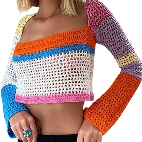 The Unbranded Brand Sweaters - Rainbow Multicolor Crochet Bell Sleeve Crop Top Festival Concert Hippie Medium